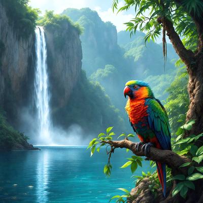 The primary subject of the image is a colorful parrot perched on a tree branch. The setting is a lush, green forest with a waterfall in the background. The visual style is a digital art illustration, creating a vibrant and natural atmosphere. The dominant colors are green, blue, and red, reflecting the beauty of the forest and the parrot's vivid plumage.